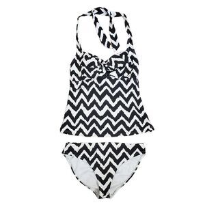 CATALINA White Black Chevron Print Tankini Top & Bikini Set SMALL